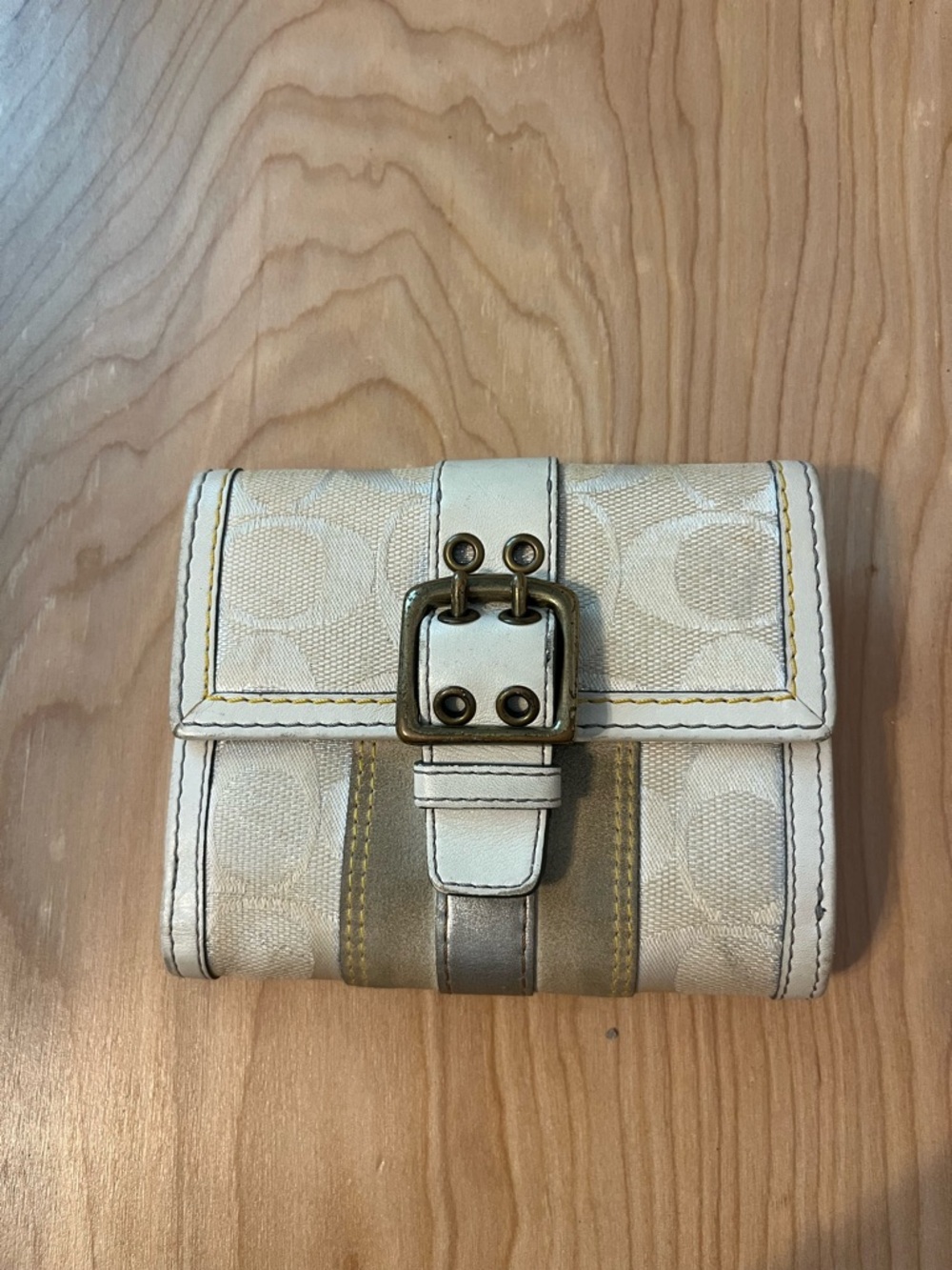 Y2K Coach Cream Signature Fold Wallet with Buckle Accent